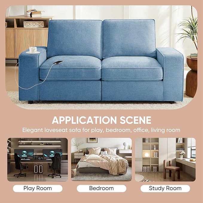 Waxberry 71" Chenille Loveseat Sofa Couch for Living Room with Seat Storage, Modern 2-Seater Deep Seat Sofa with Side Pockets & Type-C/USB Ports, Detachable Backrest for Office, Apartment (Blue)