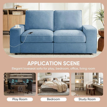 Waxberry 71" Chenille Loveseat Sofa Couch for Living Room with Seat Storage, Modern 2-Seater Deep Seat Sofa with Side Pockets & Type-C/USB Ports, Detachable Backrest for Office, Apartment (Blue)