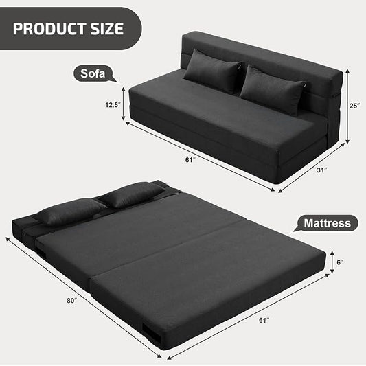 SUYOLS Convertible Folding Sofa Bed - Chair Bed Sleeper with Pillow, Modern Linen Fabric Fold Out & Futon Couch, Foldable Mattress for Living Room/Dorm/Guest Use/Home Office, Queen Size, Dark Gray