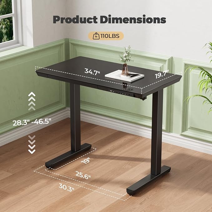 Glass Electric Standing Desk with Drawer, 35" x 20" Whole Piece Tabletop Samll Sit Stand Table, Height Adjustable Workstation with Storage & USB Ports, Quick Install Home Office Desk