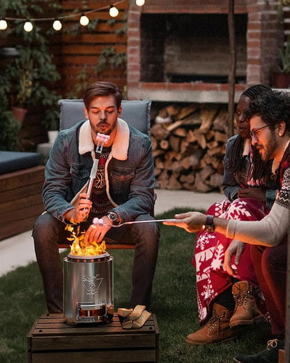 YEFU Tabletop Fire Pit 9.7 x 7.1 in, Flame Intensity Control Camping Stove for Outdoor & Patio, Fueled by Pellets or Wood, Safe Burning Table Top Firepit, with Travel Bag & 2 Mini Sticks, Silver