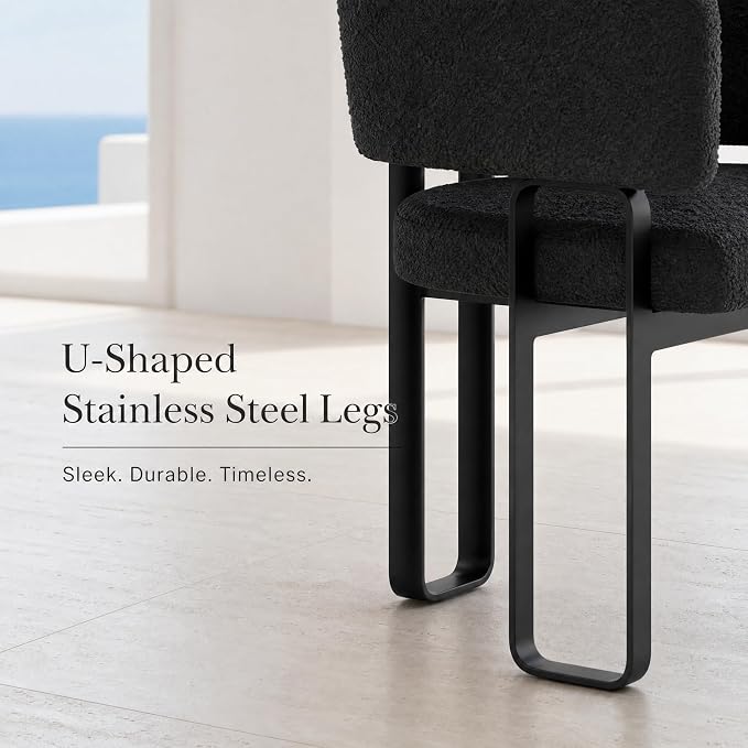 Modern Barrel Dining Chair, Black Boucle Kitchen Chair with U-Shaped Stainless Steel Legs, Armchair with Open Back for Living Room Bedroom Makeup Room