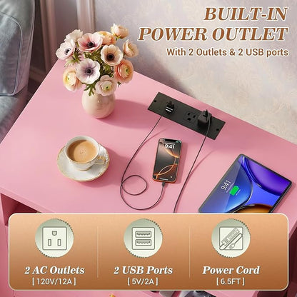 Aheaplus Nightstand with Charging Station, 23.6'' Large Bed Side Table with Wooden 2 Drawers, Night Stand for Bedroom, End Table with Open Storage Shelf for Living Room, Pink
