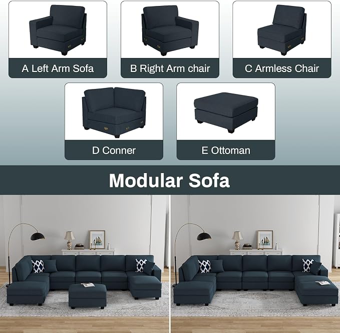 Legend Vansen Oversized Modular Sectional Sofa,U/L‑Shaped Reversible Couch with Ottoman,Deep Seat Plush Polyester Sofa for Living Room,9‑Seater,Charcoal