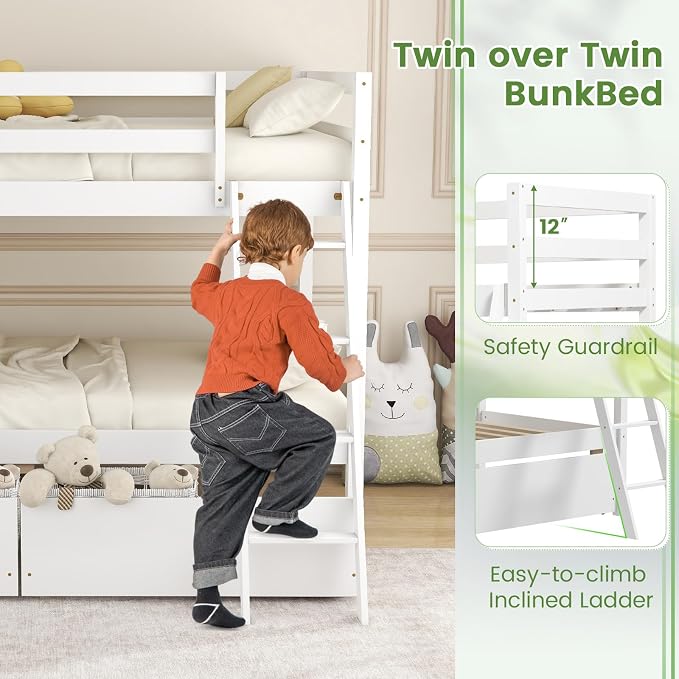 KOMFOTT Twin Over Twin Bunk Bed with 2 Roll-Out Drawers, Wood Bunk Bed Frame with Removable Storage Box, Bunk Bed with Ladder & Safety Guardrail for Dorm Apartment Home, No Box Spring Needed (White)