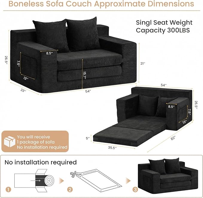 Boneless Loveseat Sofa Bed, Tri-Folding Convertible Futon Sleeper with Handle & Side Pockets, 54'' Boneless Couch with Hook and Loop No Assembly for Small Space,Living Room & Bedroom