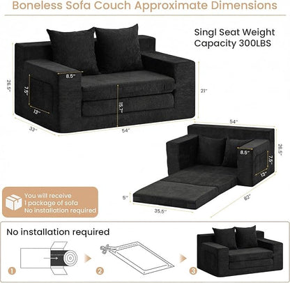 Boneless Loveseat Sofa Bed, Tri-Folding Convertible Futon Sleeper with Handle & Side Pockets, 54'' Boneless Couch with Hook and Loop No Assembly for Small Space,Living Room & Bedroom