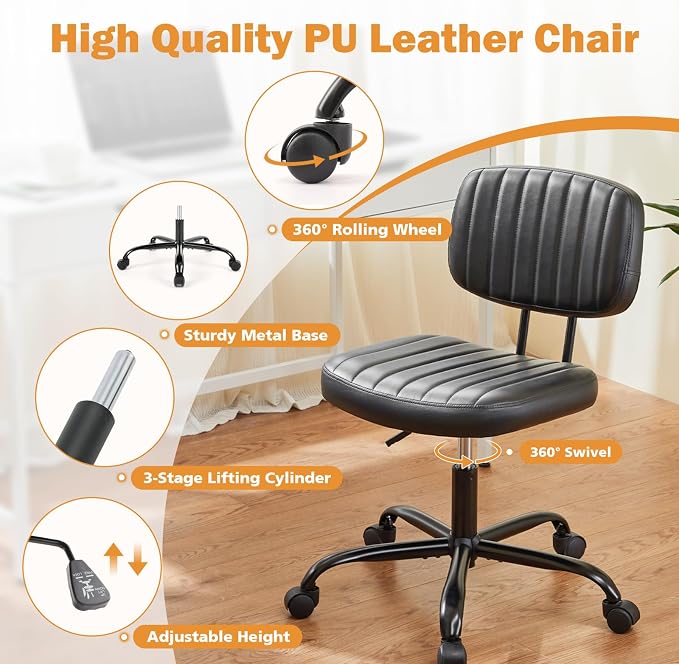 Sweetcrispy Small Office Desk Chair, Armless PU Leather with Comfy Lumbar Support, Height Adjustable Rolling Swivel Task for No Arms, for Adult, Student, Bedroom, Home, Vanity, Black
