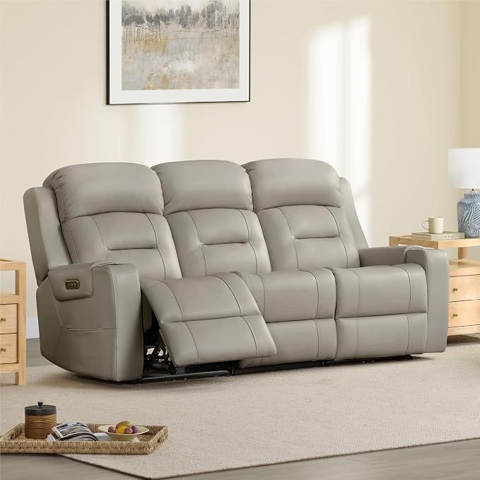 Watson & Whitely Genuine Leather Power Reclining Sofa, 3-Seater Lay Flat Recliner Sofa with Power Headrest, Cup Holders, USB & Type-C Ports, Electric Reclining Couch for Living Room, Grey