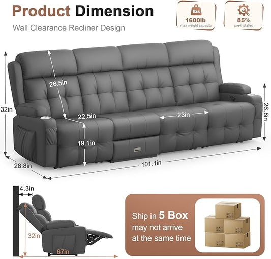 Reclining Couch, 113" PU Leather Sofa Recliner with Massage - 4 Seat Home Theater Seating Comfy Soft, Manual Wall Hugger Reclining with Lumbar Support Sofa Set for Family Living Room, Dark Gray