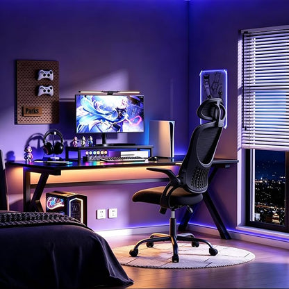 Ergonomic Office Chair, Comfy Desk Chair with Wheels, Adjustable Headrests, Flip-Up Armrests, Breathable Mesh High-Back, Comfortable Swivel Seating for Home Computer, Black