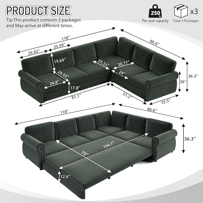 118" L-Shaped Sleeper Couch Bed - Oversize Convertible with Pull-Out Sofa Bed, Button Tufted Chesterfield Sofa, Chenille Sectional Vintage Couches for Living Room/Apartment(6-Seater, Green) | Oversize Convertible