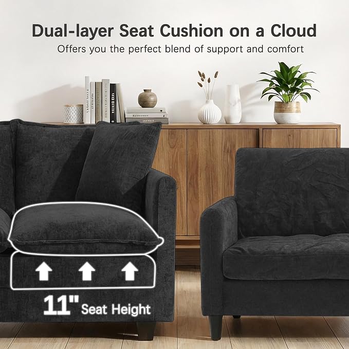 Loveseat Sofa, 52'' Modern Cloud Sofa Couch with 27" Deep Seat & 2 Pillows, Comfy Chenille Small Couch for Small Spaces, Apartment, Studio, Bedroom, Living Room (Black, Loveseat)