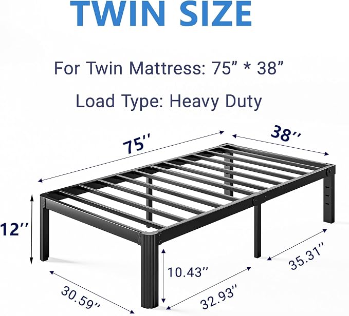 12 Inch High Platform Twin Bed Frame No Box Spring Needed, Metal Bed Frame Twin, Noise Free, Easy Assembly, Heavy Duty, Black