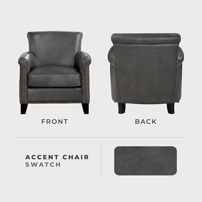 Lexicon 100% Top Grain Genuine Leather Chair, Leather Accent Chairs for Living Room, Solid Wood Frame, Rolled Armrest & Nailhead Trim, Comfy Reading for Bedroom, Office, Waiting Room, Classic Gray