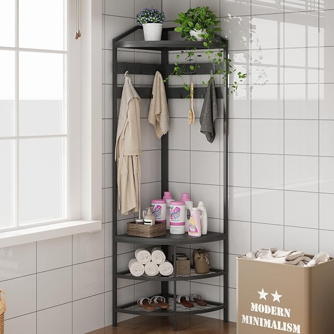 GiftGo Corner Hall Tree with Shoe Bench Entryway Coat Rack with 10 Metal Movable Hooks Freestanding Clothes Rack Shoes Shelf Organizer for Home Office Bedroom (Black)
