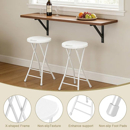 24 Inch Folding Stool Set of 2, Portable Folding Stool with Handle & Non-Slip Feet, Sturdy 440lbs Capacity Folding Bar Stool for Kitchen,Outdoor Camping, Fishing, White