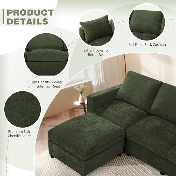110” Chenille 4-Seats Sofa W/Two Movable Ottomans, Green | Modern Fabric U-Shaped Couch w/Soft Backrests, Upholstered Sectional Sofa w/Arm Pillows for Living Room, Office