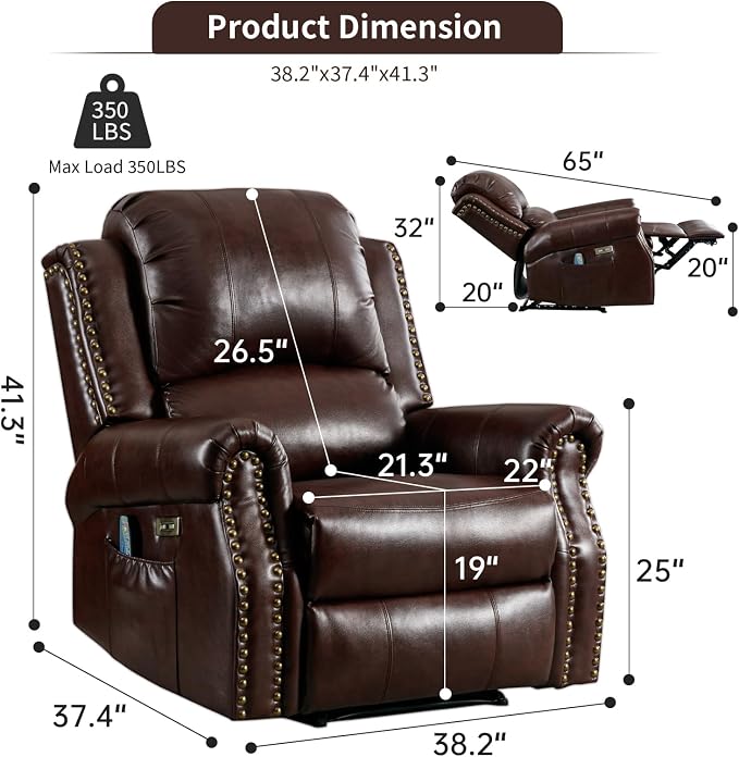 HAOMARKETS Classic Power Recliner Chair Set of 2 with Massage and Heat, Breathable Faux Leather Electric Recliner with USB Port, Overstuffed Reclining Sofa with Rivets for Living Room, Caramel Brown