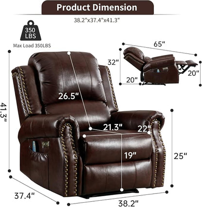 HAOMARKETS Classic Power Recliner Chair Set of 2 with Massage and Heat, Breathable Faux Leather Electric Recliner with USB Port, Overstuffed Reclining Sofa with Rivets for Living Room, Caramel Brown