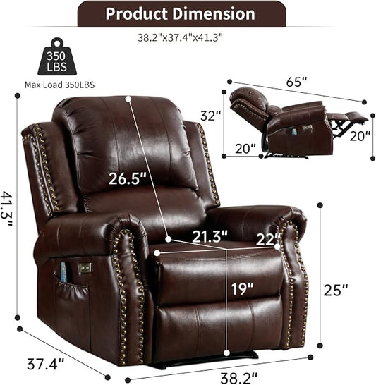HAOMARKETS Classic Power Recliner Chair Set of 2 with Massage and Heat, Breathable Faux Leather Electric Recliner with USB Port, Overstuffed Reclining Sofa with Rivets for Living Room, Caramel Brown