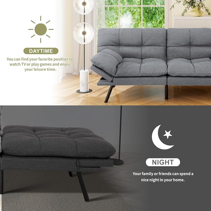 Vipbear 71" Futon Sofa Bed - Convertible Sofa Beds/Adjustable Backrest & Armrest, Comfy Loveseat Sleeper for Small Spaces, Apartments & Offices,Linen Fabric Medium Grey Futons