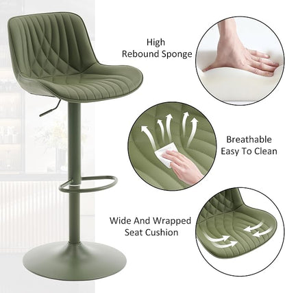 YOUTASTE Bar Stools Set of 2, Adjustable Swivel Counter Height Barstools with Back, All Olive Green Faux Leather Upholstered Bar Chairs with Metal Base, Stools for Kitchen Island or Home Bar