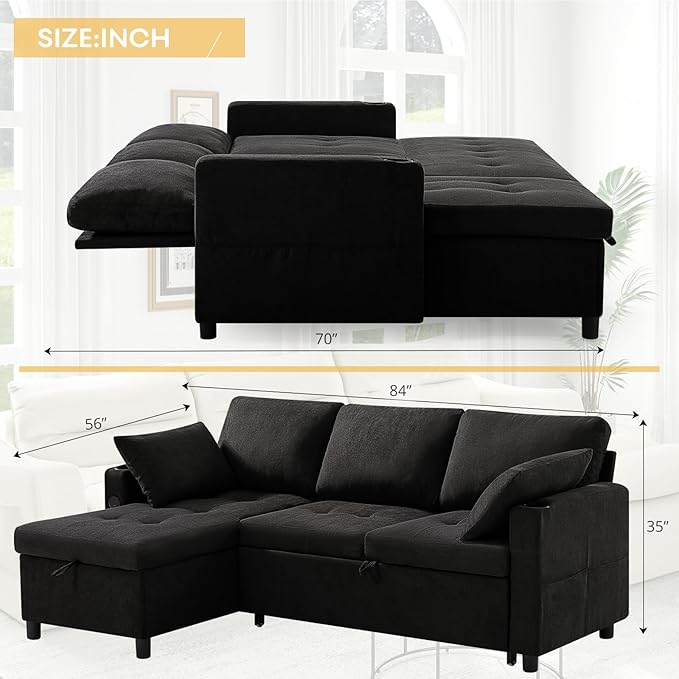 84" Fabric Pull-Out Couch Bed w/Adjustable Backrests, Black | Sectional Sleeper Sofa w/USB Ports & 2 Cup Holders, Upholstered L-Shaped Couch w/Storage Chaise for Living Room, House