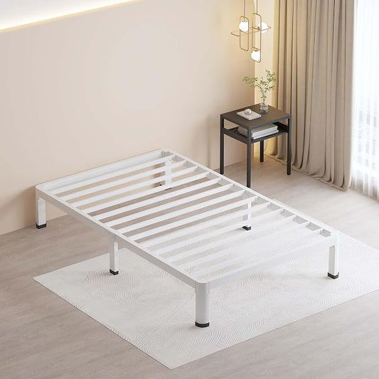 MAF 10 Inch Twin Bed Frames White with Round Corner Legs Mattress Slide Stopper No Box Spring Needed Heavy Duty Metal Platform Bed Frame Under-Bed Storage Space, 3000 LBS Steel Slats Support