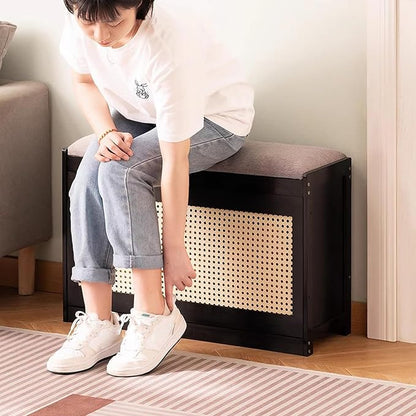 Entryway Storage Bench with Cushioned Seat Shoe Rack, 2-Tier Wooden Shoe Organizer Cabinet for Closet, Entryway, Hallway, Bedroom