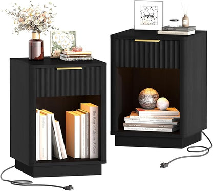 Akxomel Fluted Nightstands Set of 2, Wooden Night Stand with Charging Station and LED Light, Modern Mid Century End Table with Drawer, 15" D x 15.7" W x 22.6" H, for Bedroom, Black