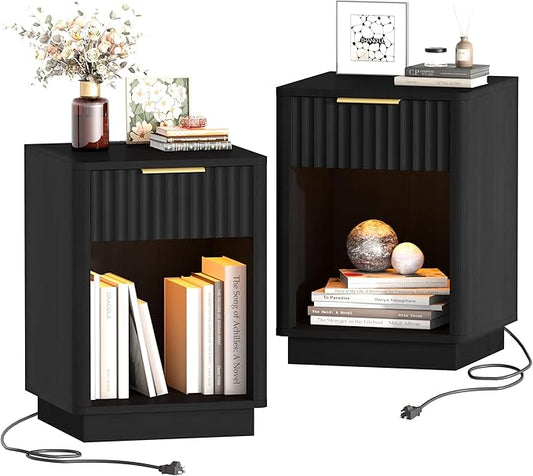 Akxomel Fluted Nightstands Set of 2, Wooden Night Stand with Charging Station and LED Light, Modern Mid Century End Table with Drawer, 15" D x 15.7" W x 22.6" H, for Bedroom, Black