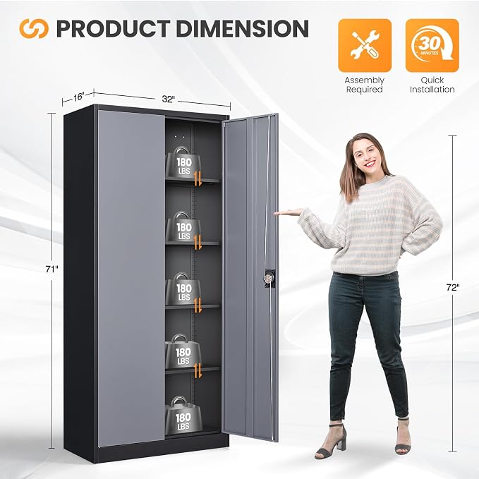 Metal Garage Storage Cabinets with Lock, 71" Tall Tool Cabinet with 2 Door and 4 Adjustable Shelves, Locking Garage Cabinets and Lockable Steel Locker for Home Office Warehouse-(Black Gray-71”H)