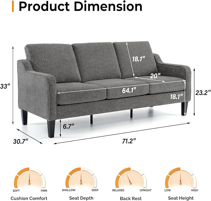 VINGLI Couches for Living Room Sofa 71" Small Couch Loveseat Sofa Mid-Century Modern Couch Grey Soft Chenille Couches Floor Sofa for Bedroom, Apartment, Lounge, Office