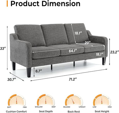 VINGLI Couches for Living Room Sofa 71" Small Couch Loveseat Sofa Mid-Century Modern Couch Grey Soft Chenille Couches Floor Sofa for Bedroom, Apartment, Lounge, Office