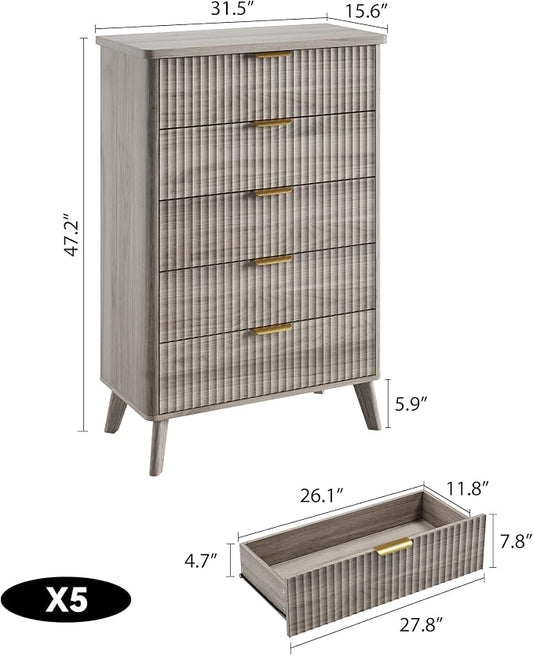 GarveeHome Fluted Dresser for Bedroom with 5 Deep Drawers, 47.2 in Tall Chest of Drawers, Curved Profile Design, Modern Wooden Dresser, for Living Room, Kids Room, Hallway, Grey