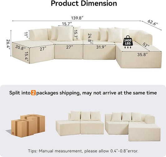 140''Oversized Cloud Velvet Curved Sectional Couch, Boneless Couch with L-Shape Chaise, Upholstered Compression Memory Foam Modular Sectional Sofa for Living Room, No Assembly Required, White