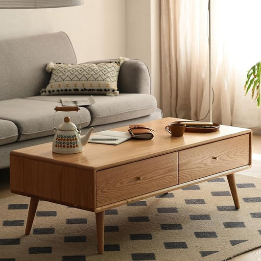 47.24" Solid Wood Coffee Table with Large Storage for Living Room, Oak Coffee Table with 4 Drawers, Mid-Century Modern Coffee Tables for Home (Original Wood Color)