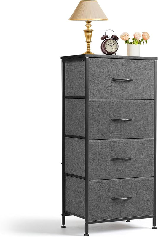 4 Drawers Dresser for Bedroom, Fabric Storage Tower Organizer with Wooden Top and Steel Frame, Tall Chest of Drawers for Closet, Entryway, Dorm, Gray