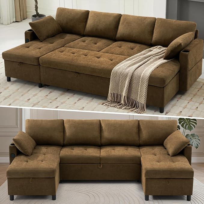 110" U-Shape Reversible Sectional Sofa Bed w/USB Port, Light Brown | Upholstered Sleeper Couch w/Adjustable Backrest and Storage Chaises, Chenille Modern Sofa w/Pull-Out Bed for Living Room