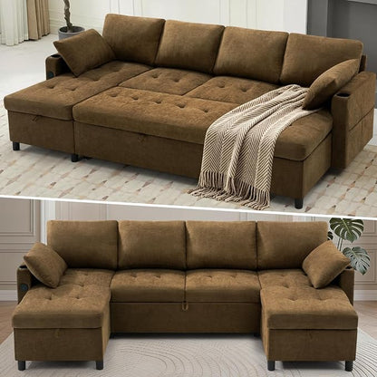 110" U-Shape Reversible Sectional Sofa Bed w/USB Port, Light Brown | Upholstered Sleeper Couch w/Adjustable Backrest and Storage Chaises, Chenille Modern Sofa w/Pull-Out Bed for Living Room