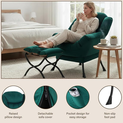 Welnow Lazy Chair with Ottoman, Modern Accent Chair with Armrests and a Side Pocket, Leisure Sofa Armchair, Reading Armchair with Footrest for Small Space, Dark Green