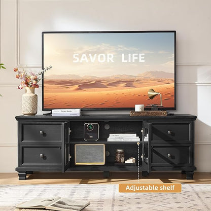 SAVOR LIFE Farmhouse Coffee Table and TV Stand Set of 2, Rustic Wood Living Room Table Set 2 with Center Table, TV Console for Living Room, Black