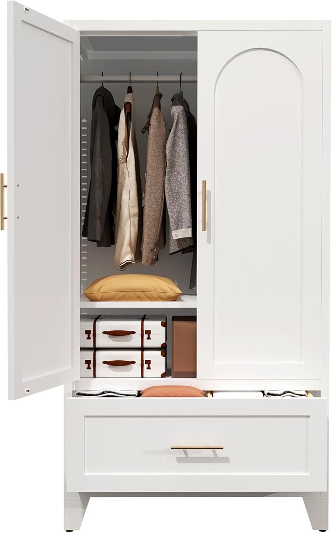 60" Tall Metal Wardrobe Cabinet with 1 Drawer and Hanging Rod, 2 Doors Wardrobe Closet with Shelf for Bedroom, Office, Laundry Room,Entryway,Foyer,Guesthouse White