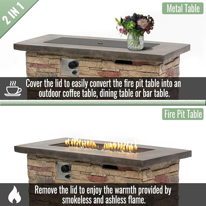 42" Propane Gas Fire Pit Table, 50,000 BTU Rectangular Concrete Outdoor Fire Pit with Lid & Glass Beads for Patio, Deck, Backyard & Garden, Beigie Multi