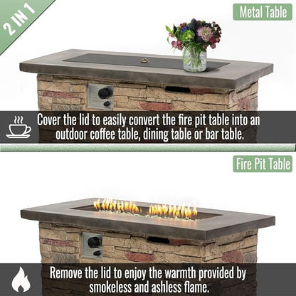 42" Propane Gas Fire Pit Table, 50,000 BTU Rectangular Concrete Outdoor Fire Pit with Lid & Glass Beads for Patio, Deck, Backyard & Garden, Beigie Multi