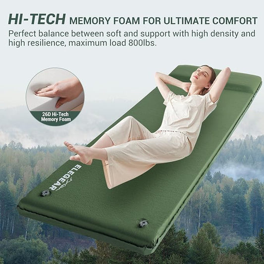 Elegear CumbreX™ Self Inflating Sleeping Pad, 3.15" Ultra-Thick Memory Foam Camping Pad with Pillow Fast Inflating in 20s Insulated Camping Mattress Pad 4-Season Camp Sleeping Mat for Camp/Travel/Tent