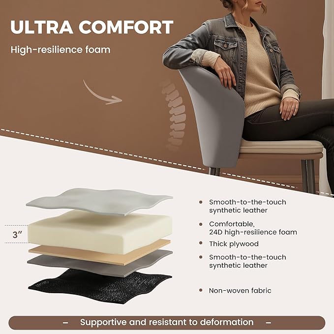 Modern Dining Chairs Set of 6, Faux Leather Upholstered Accent Chair with Metal Legs, Kitchen Side Chair with Comfortable Seat for Dining Room, Living Room, Bedroom, Light Grey