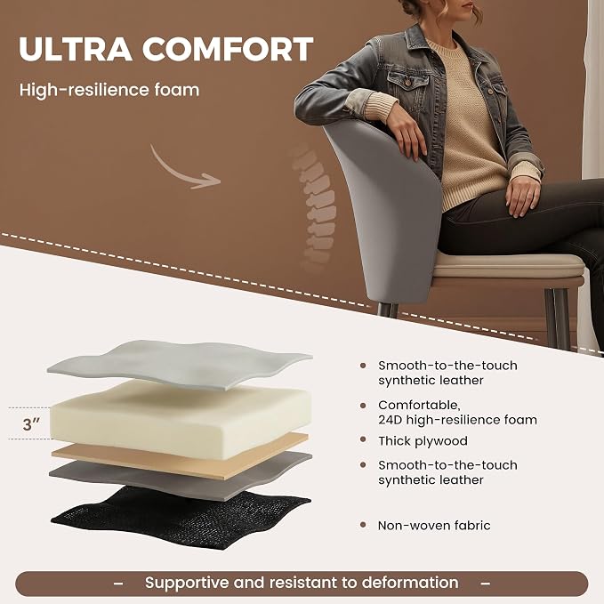 Modern Dining Chairs Set of 2, Faux Leather Upholstered Accent Chair with Metal Legs, Kitchen Side Chair with Comfortable Seat for Dining Room, Living Room, Bedroom, Light Grey