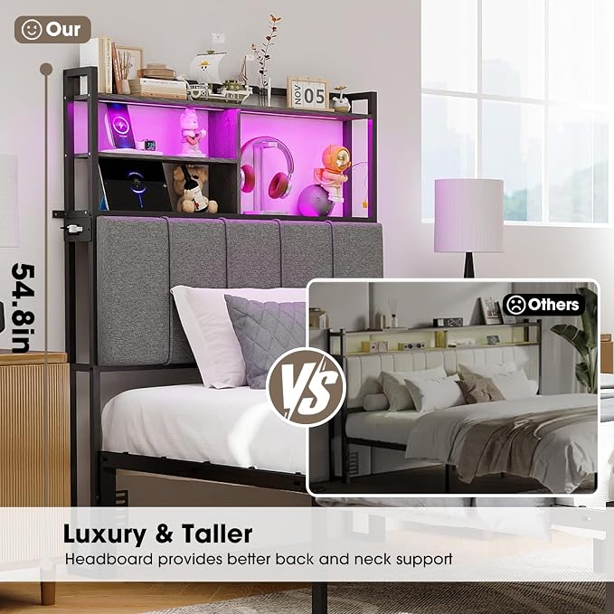 54.8" Tall Twin Size Headboard with 3-Tier Storage Shelves, Linen Upholstered Head Board with USB & Type C Port & LED Light, Soft Backrest for Twin Size Bed,Sturdy Headboard Only